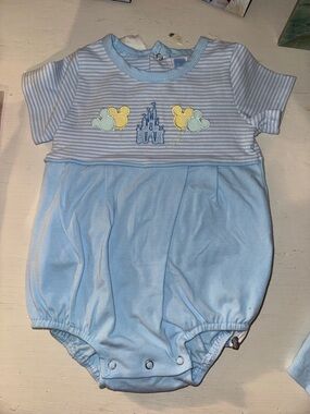 Trotters Light Blue Baby Romper with Castle & Balloon Embroidery